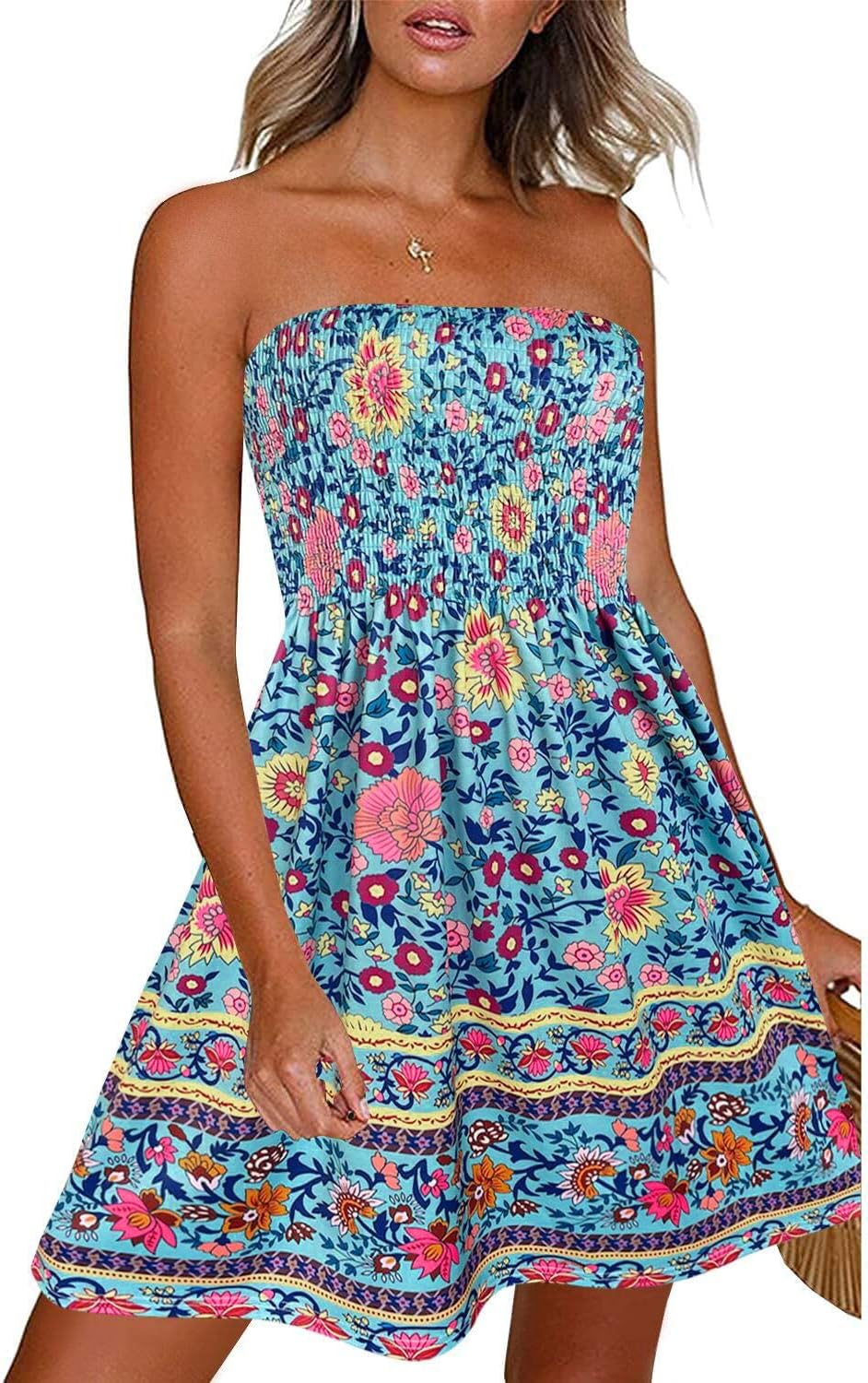 Summer Dresses for Women Beach Cover Ups Strapless Boho Floral Print Sundress - Picture 219 of 248