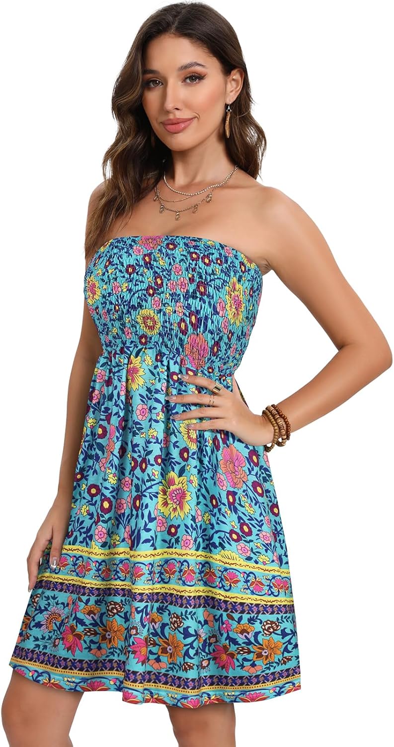 Summer Dresses for Women Beach Cover Ups Strapless Boho Floral Print Sundress - Picture 221 of 248