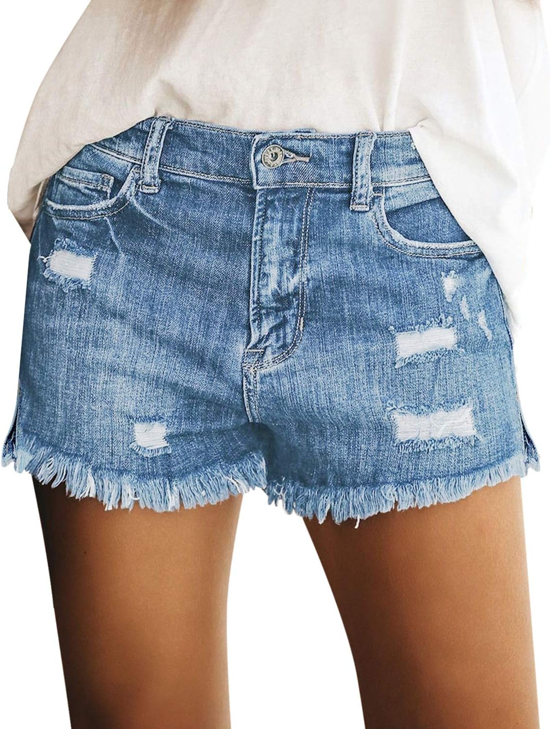 Women's Casual Mid Rise Denim Shorts Stretch Ripped Raw Hem Jean Shorts - Picture 105 of 142