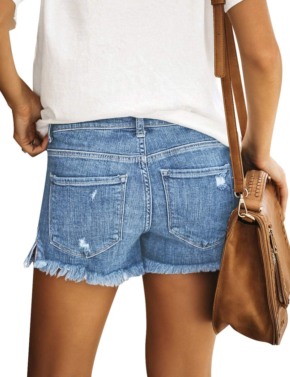 Women's Casual Mid Rise Denim Shorts Stretch Ripped Raw Hem Jean Shorts - Picture 106 of 142