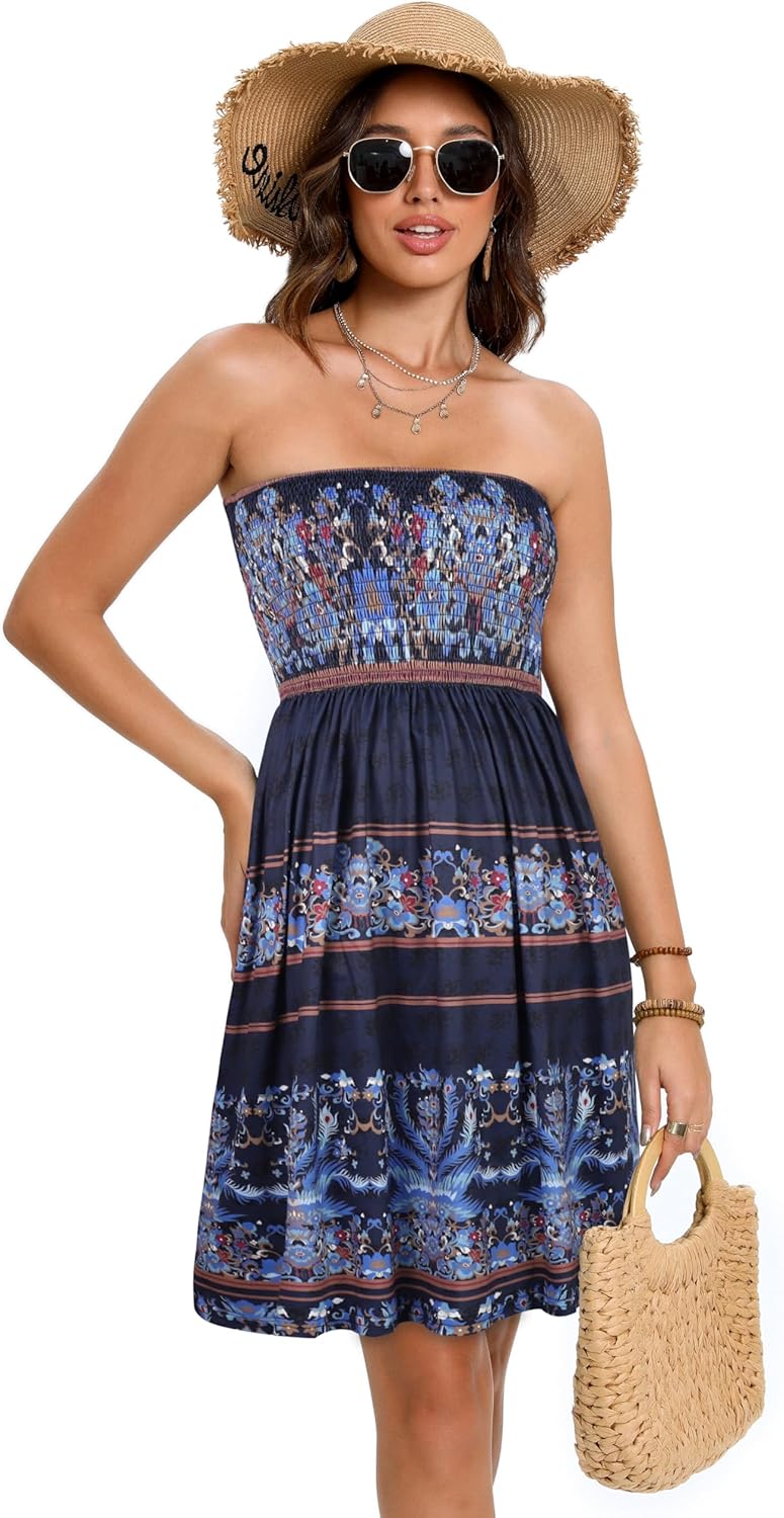 Summer Dresses for Women Beach Cover Ups Strapless Boho Floral Print Sundress - Picture 230 of 248