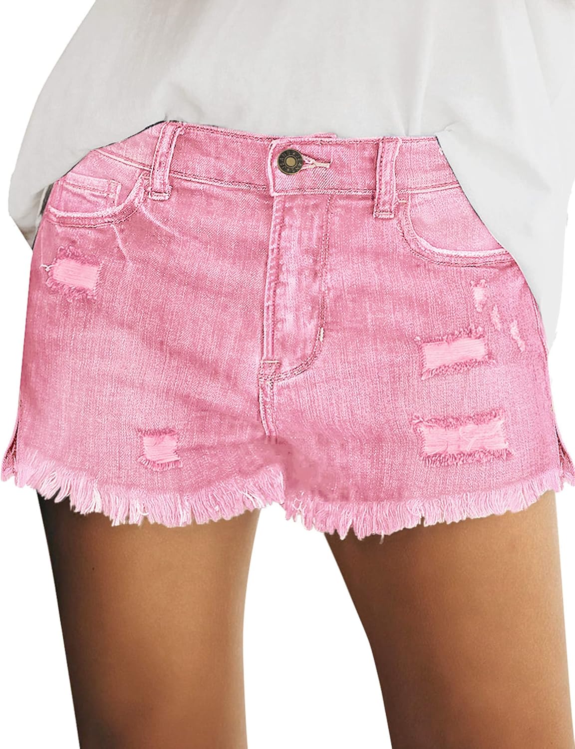 Women's Casual Mid Rise Denim Shorts Stretch Ripped Raw Hem Jean Shorts - Picture 113 of 142