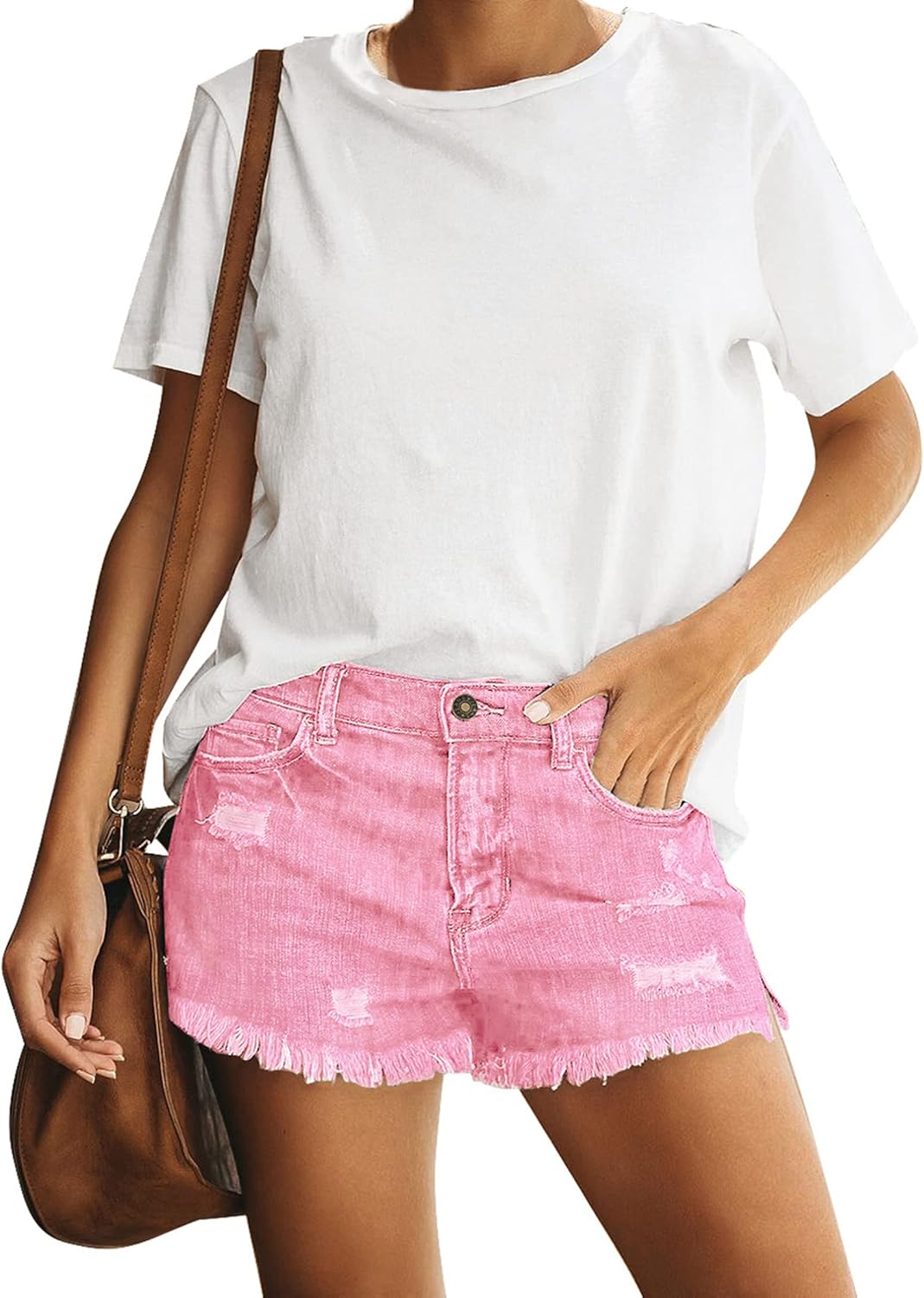 Women's Casual Mid Rise Denim Shorts Stretch Ripped Raw Hem Jean Shorts - Picture 117 of 142