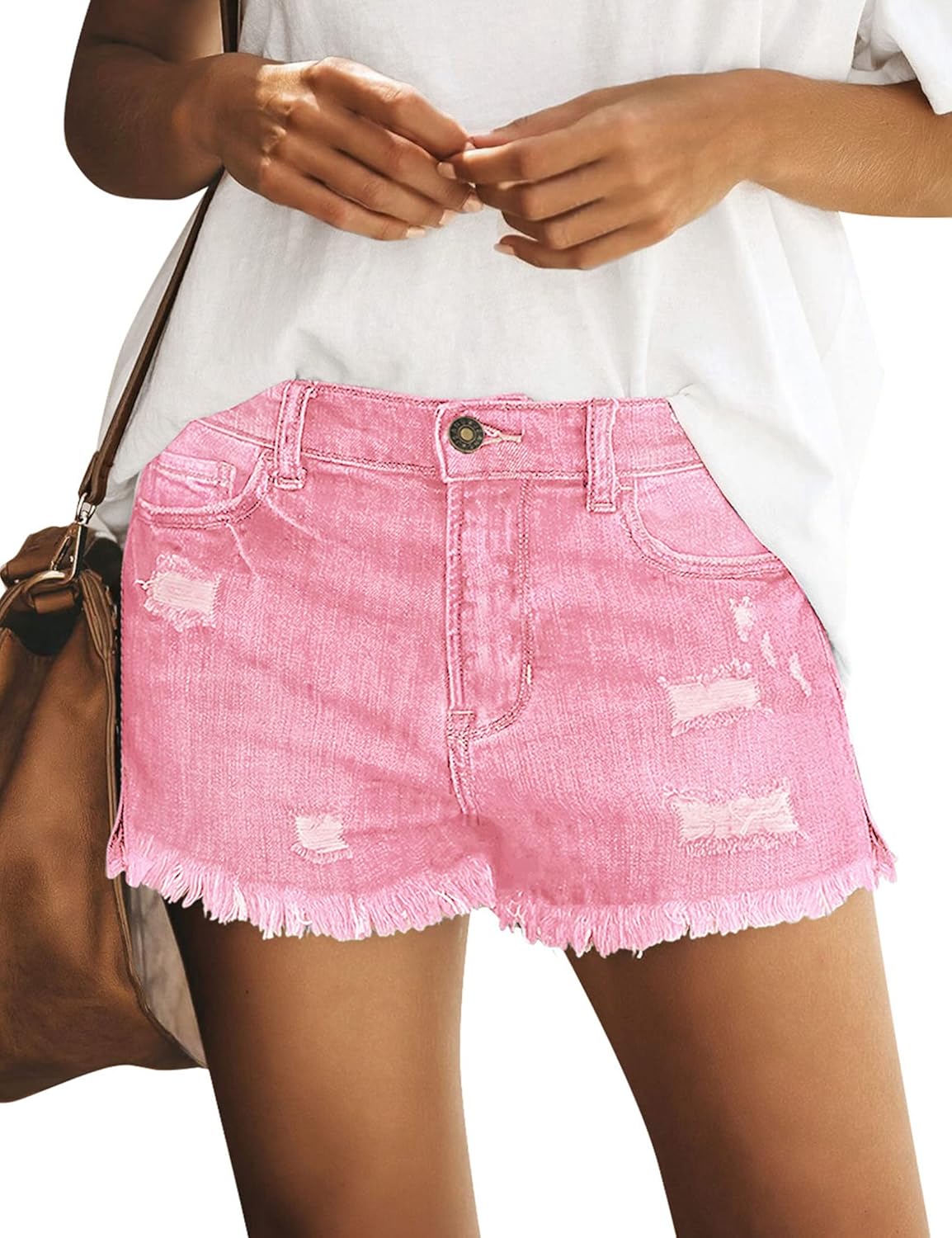 Women's Casual Mid Rise Denim Shorts Stretch Ripped Raw Hem Jean Shorts - Picture 119 of 142