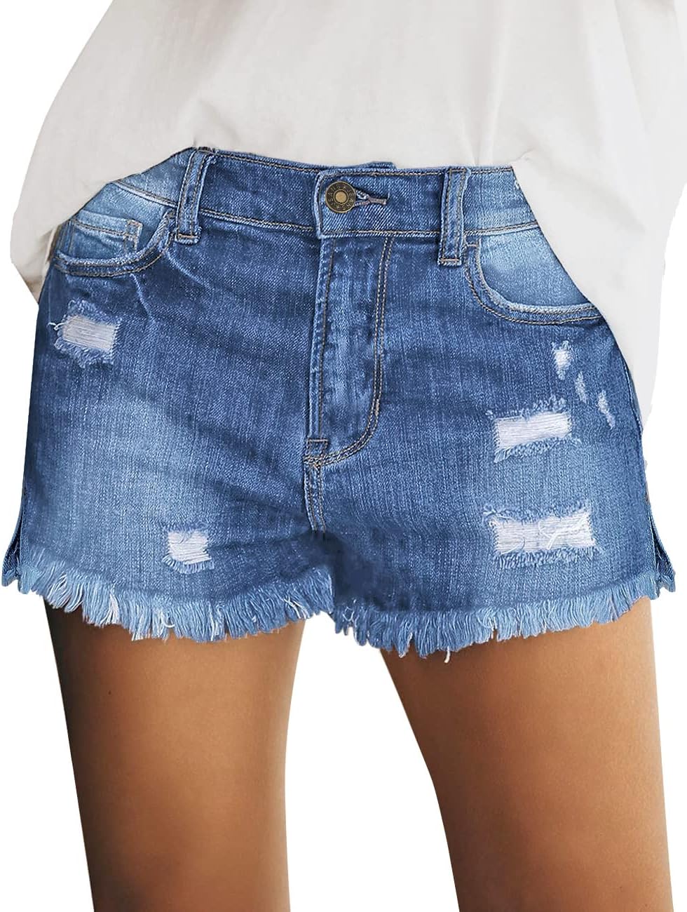 Women's Casual Mid Rise Denim Shorts Stretch Ripped Raw Hem Jean Shorts - Picture 120 of 142