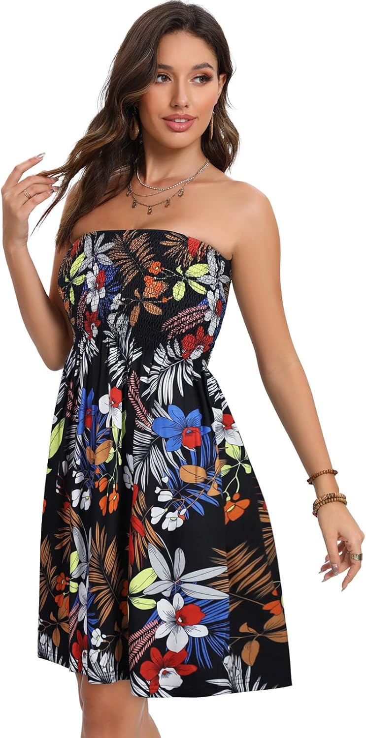 Summer Dresses for Women Beach Cover Ups Strapless Boho Floral Print Sundress - Picture 239 of 248