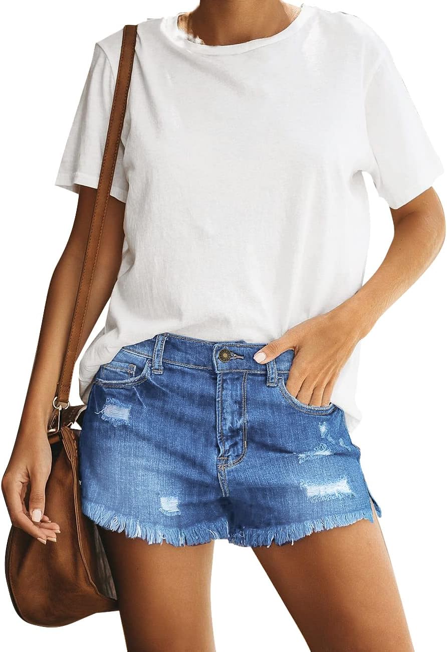 Women's Casual Mid Rise Denim Shorts Stretch Ripped Raw Hem Jean Shorts - Picture 127 of 142