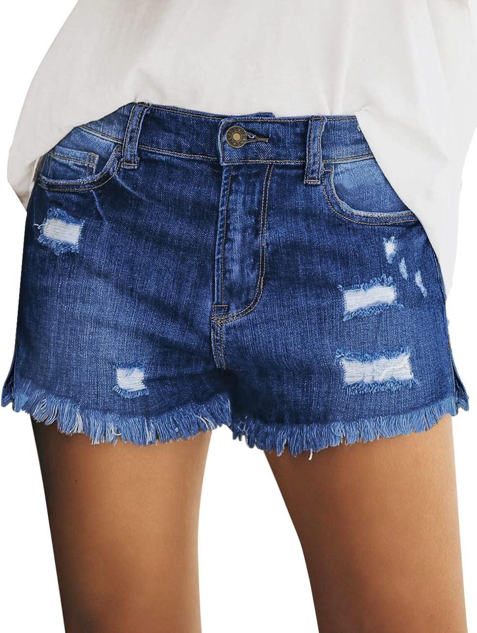 Women's Casual Mid Rise Denim Shorts Stretch Ripped Raw Hem Jean Shorts - Picture 128 of 142