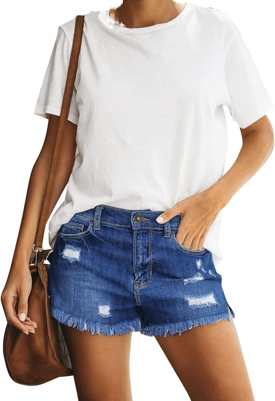 Women's Casual Mid Rise Denim Shorts Stretch Ripped Raw Hem Jean Shorts - Picture 135 of 142