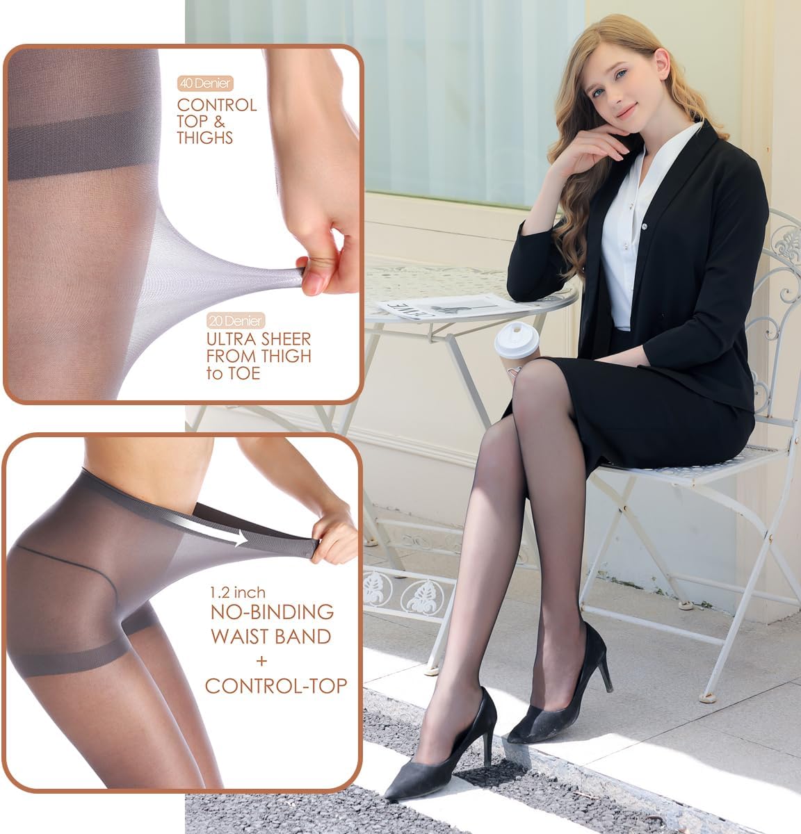 3 pares de medias transparentes para mujer - Pantimedias 20D Control Top con dedos reforzados - Imagen 25 de 48