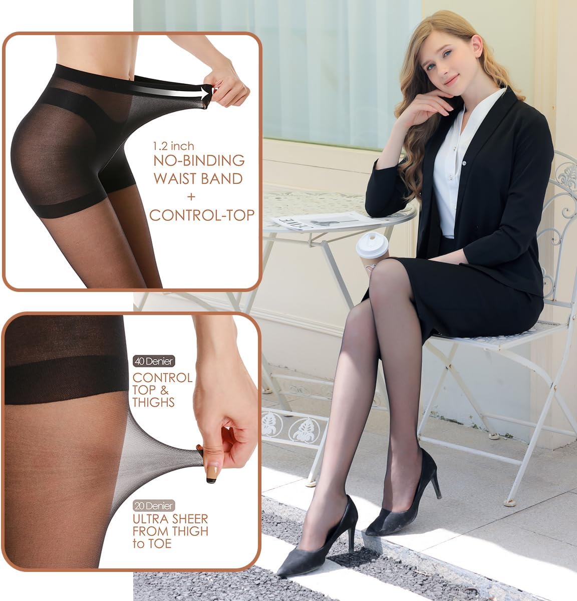 3 pares de medias transparentes para mujer - Pantimedias 20D Control Top con dedos reforzados - Imagen 38 de 48