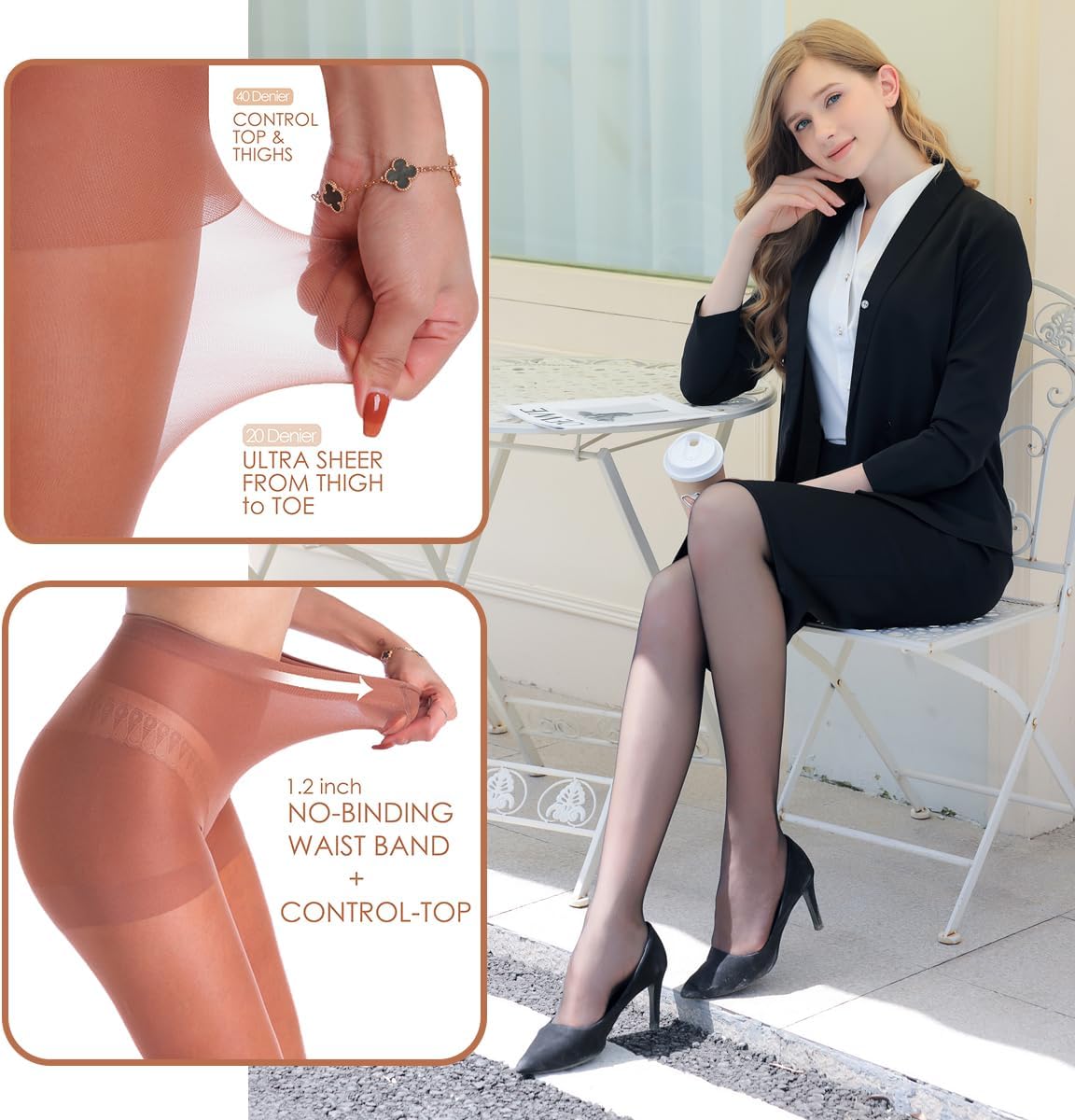 3 pares de medias transparentes para mujer - Pantimedias 20D Control Top con dedos reforzados - Imagen 44 de 48
