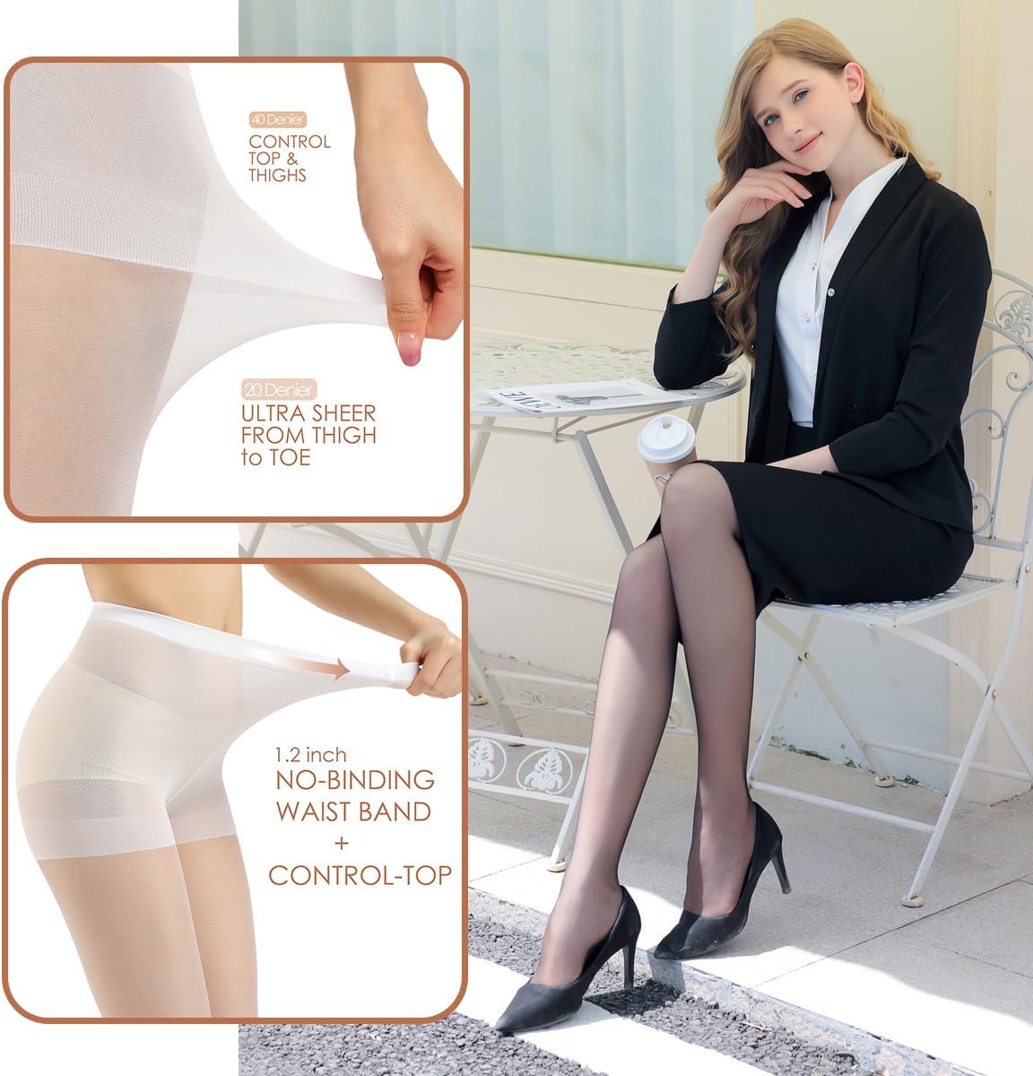 3 pares de medias transparentes para mujer - Pantimedias 20D Control Top con dedos reforzados - Imagen 46 de 48