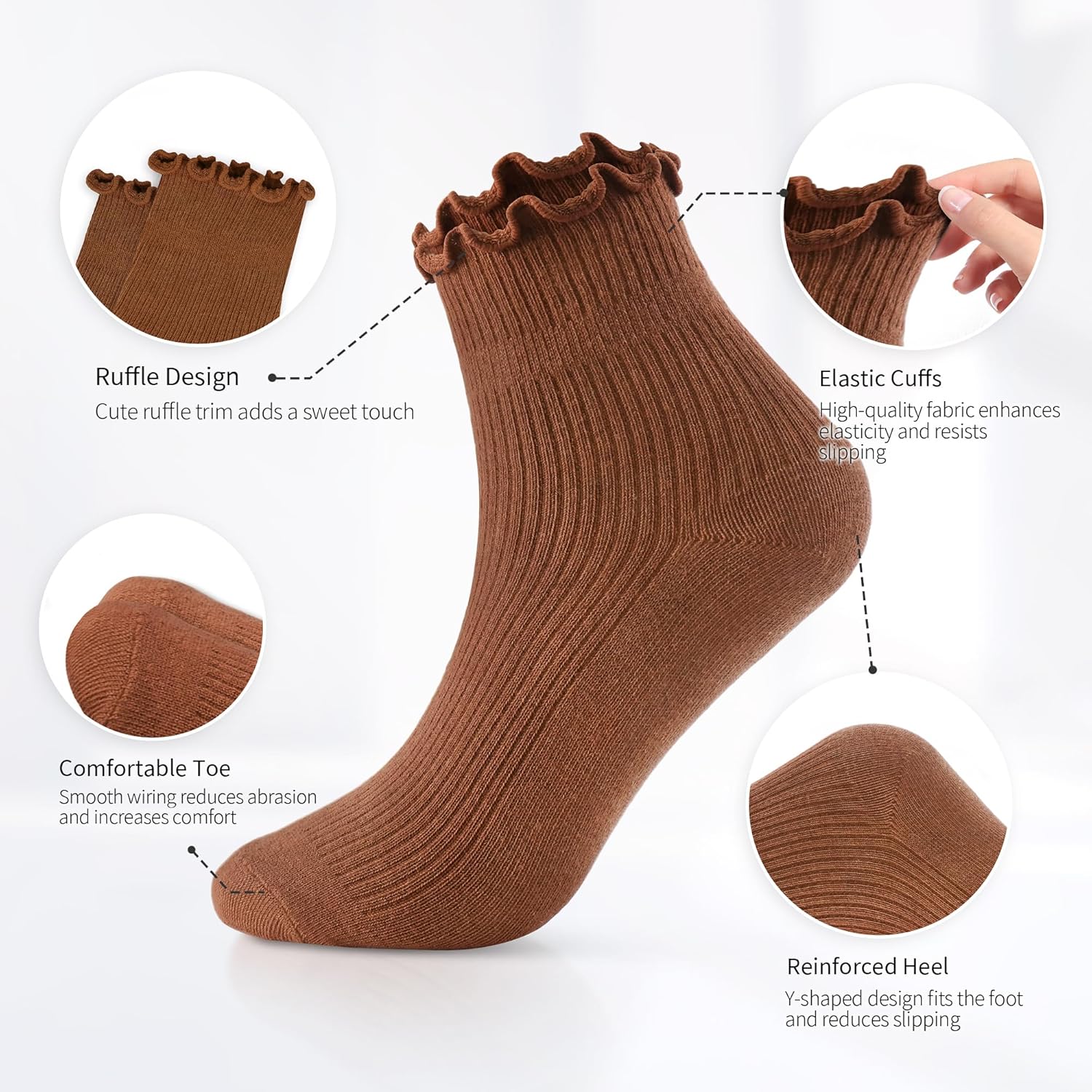 Women's Soft Ruffle Ankle Socks Frilly Lettuce Edge Casual Knit (6 Pairs) - Picture 14 of 34