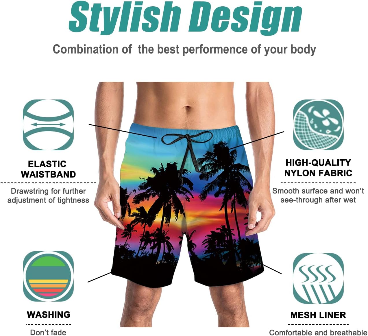 Mens Swim Trunks Quick Dry Beach Shorts with Mesh Lining Bathing Suits - Picture 39 of 76