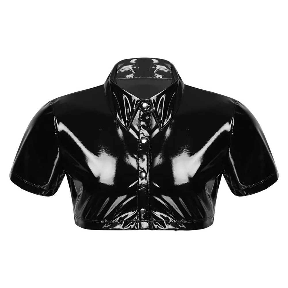 Crop Tops Blouse M-3XL PU PVC Patent Leather Shiny Short Sleeve Summer