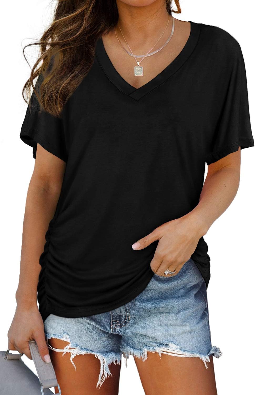 Women's Short Sleeve V Neck Dolman Tops with Side Shirring Loose Fit Shirts - Picture 25 of 138