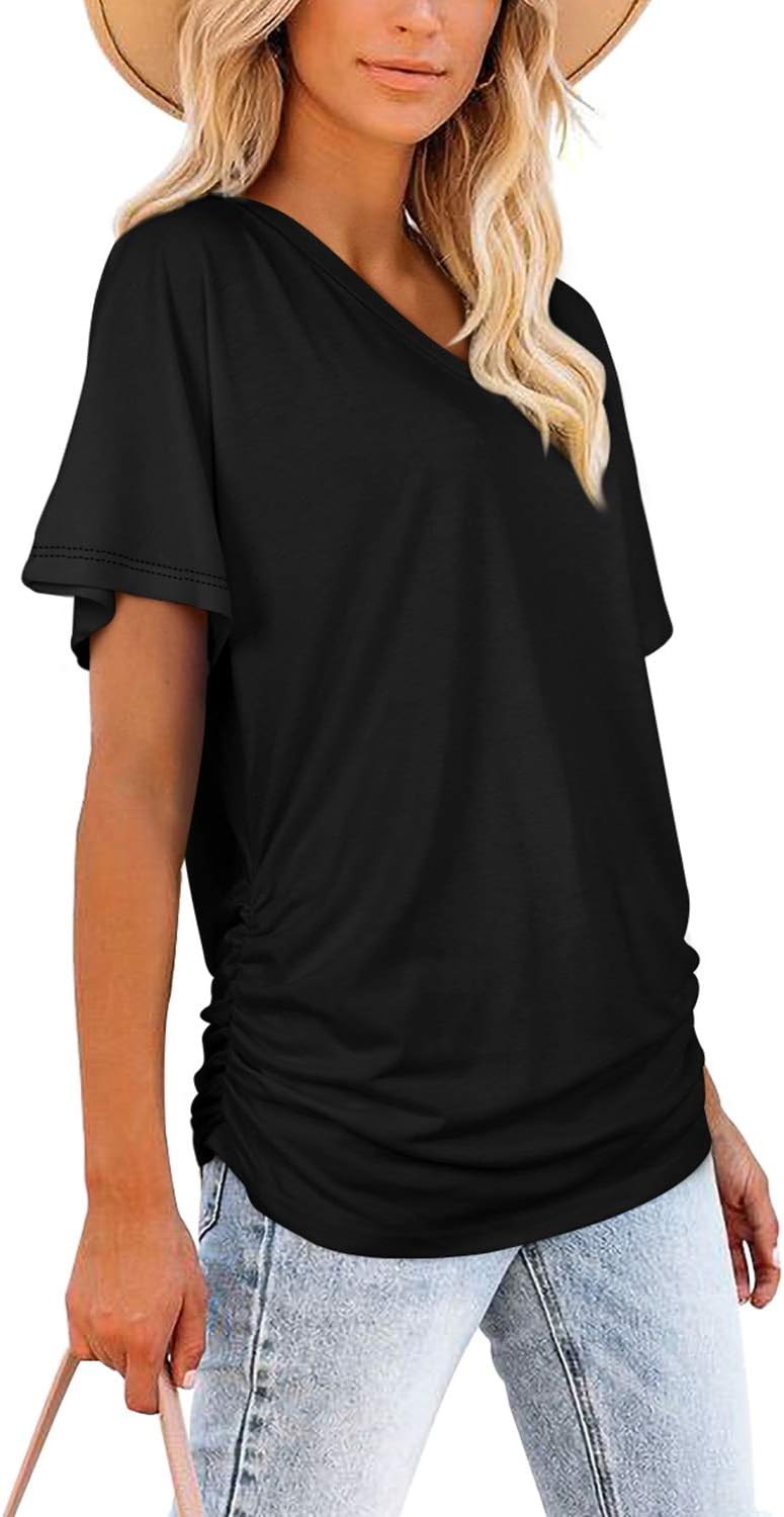 Women's Short Sleeve V Neck Dolman Tops with Side Shirring Loose Fit Shirts - Picture 27 of 138