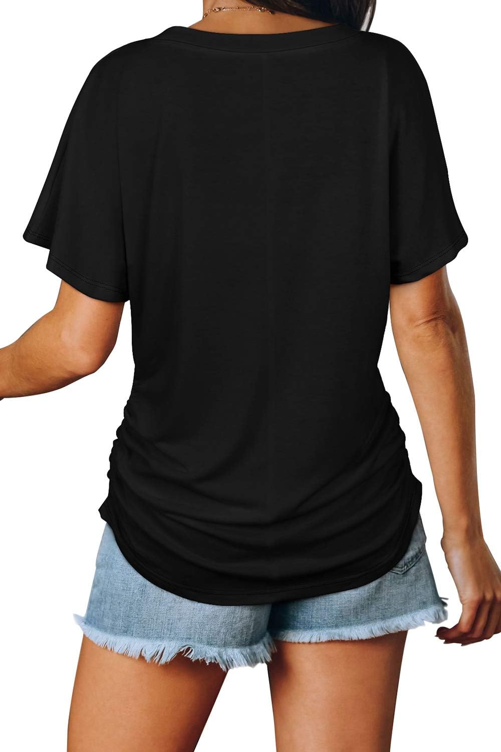 Women's Short Sleeve V Neck Dolman Tops with Side Shirring Loose Fit Shirts - Picture 28 of 138