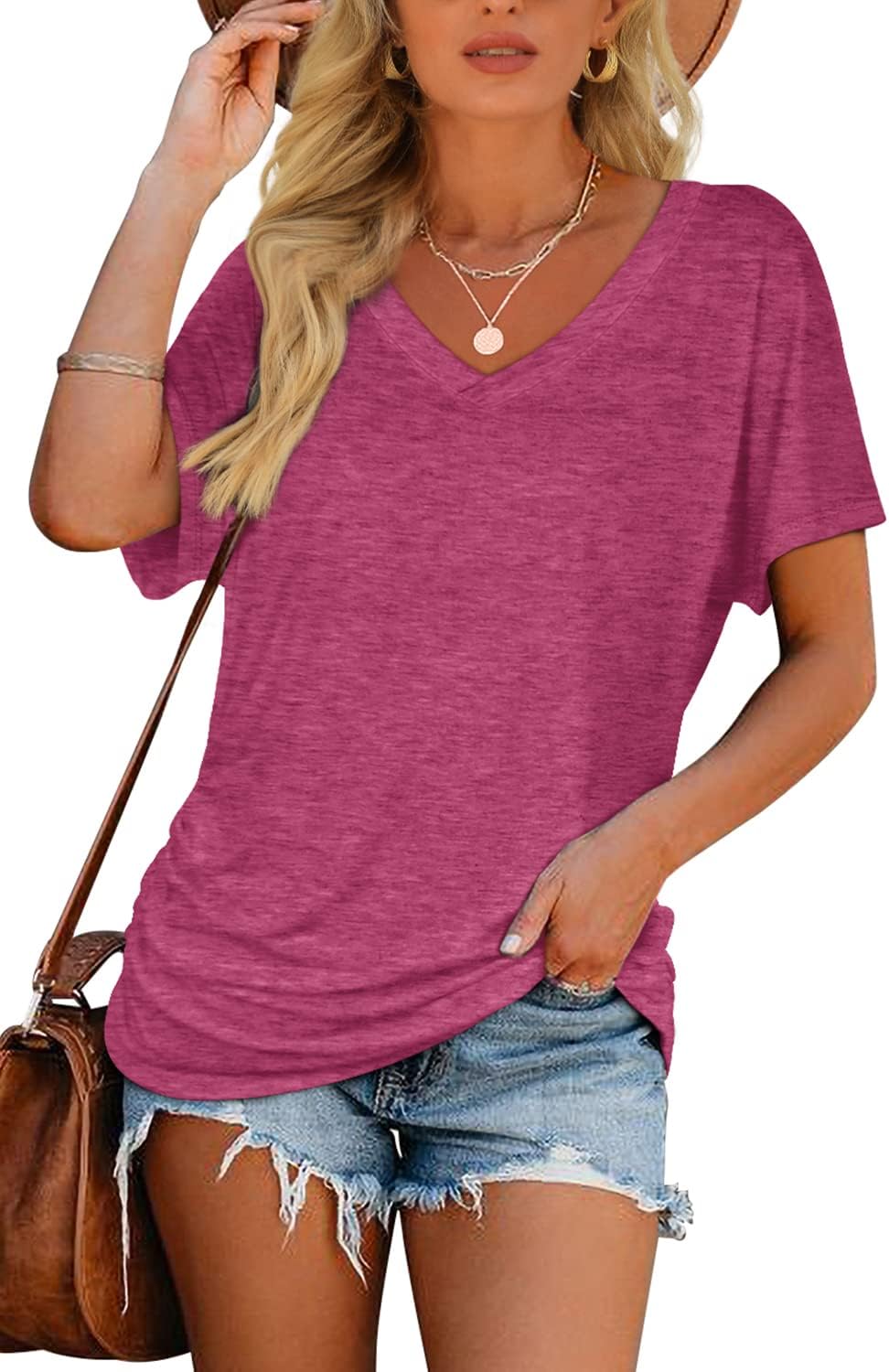 Women's Short Sleeve V Neck Dolman Tops with Side Shirring Loose Fit Shirts - Picture 31 of 138