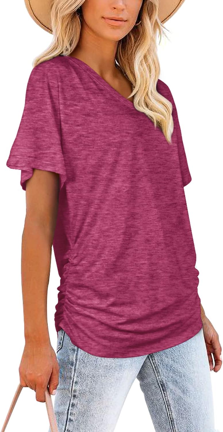 Women's Short Sleeve V Neck Dolman Tops with Side Shirring Loose Fit Shirts - Picture 32 of 138