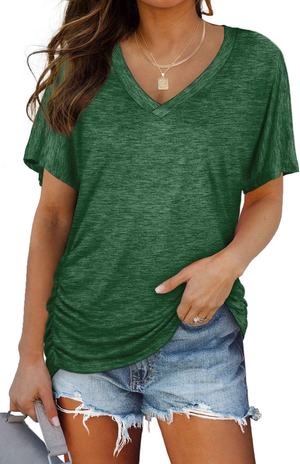 Women's Short Sleeve V Neck Dolman Tops with Side Shirring Loose Fit Shirts - Picture 34 of 138