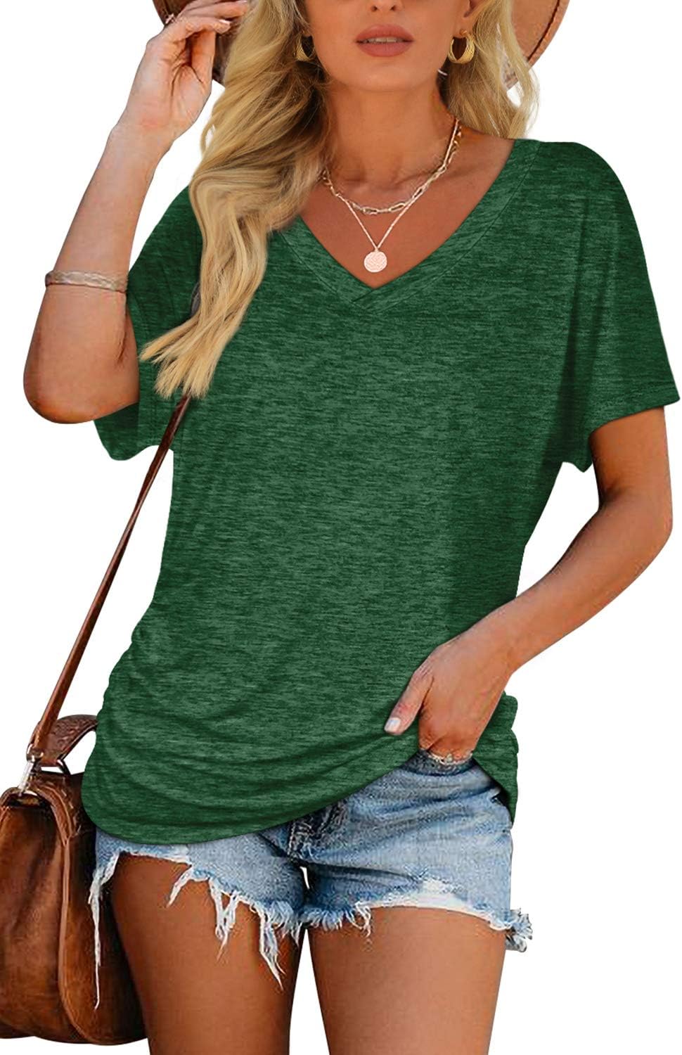 Women's Short Sleeve V Neck Dolman Tops with Side Shirring Loose Fit Shirts - Picture 35 of 138