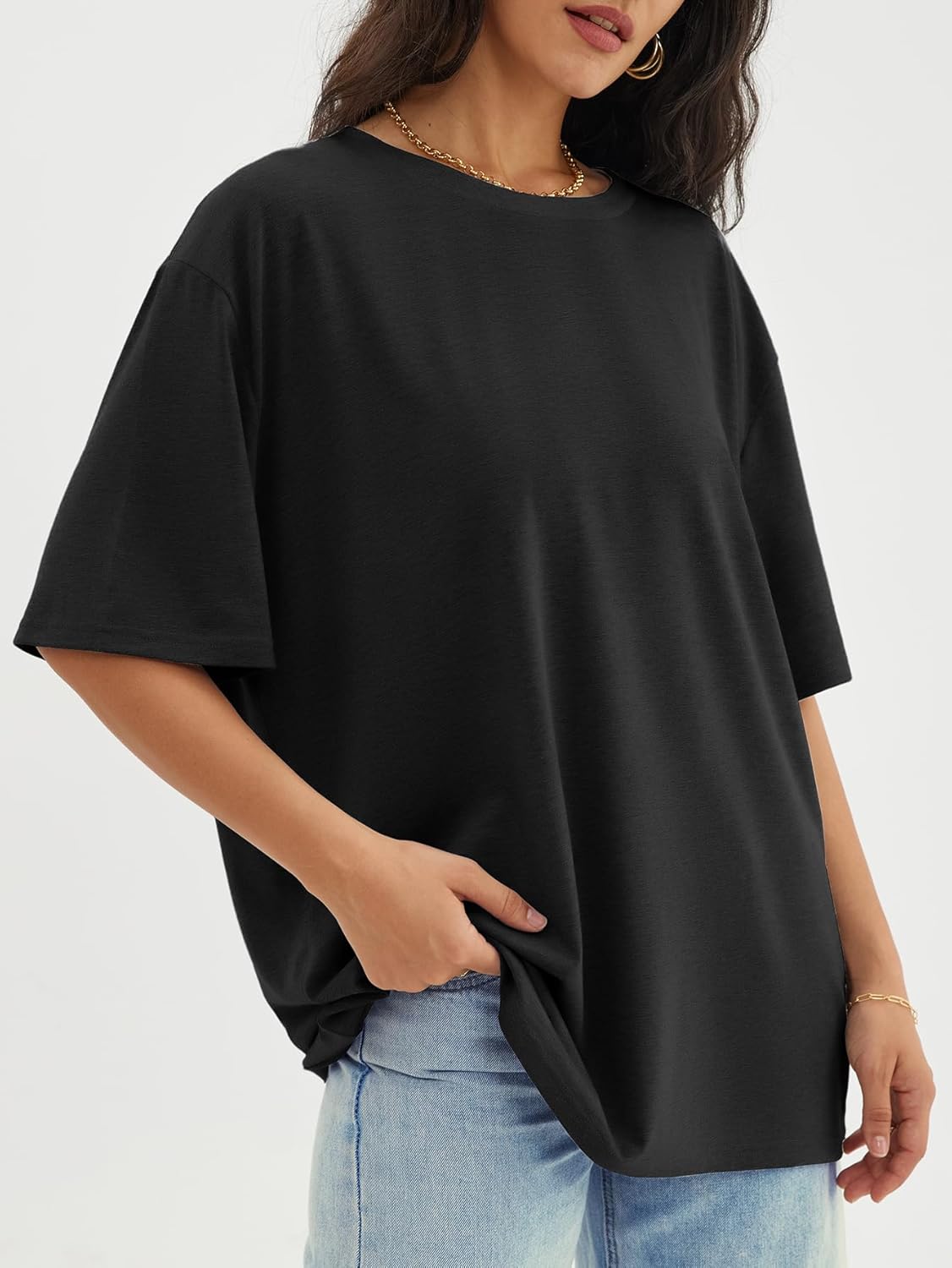 Womens Oversized Crewneck T-Shirts Loose Fit Short Sleeve Casual Tops for Summer - Picture 26 of 153