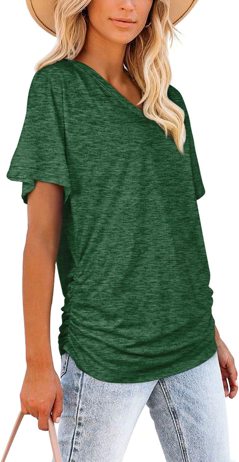 Women's Short Sleeve V Neck Dolman Tops with Side Shirring Loose Fit Shirts - Picture 36 of 138