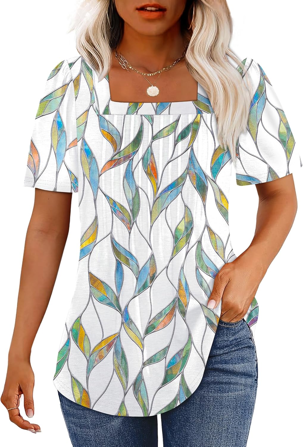 Womens Pleated Square Neck T-Shirts Puff Short Sleeve Casual Summer Tops - Picture 18 of 77