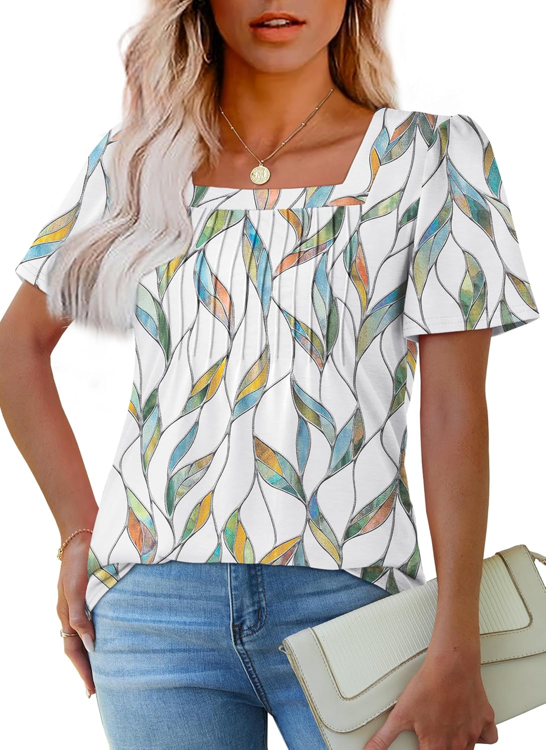 Womens Pleated Square Neck T-Shirts Puff Short Sleeve Casual Summer Tops - Picture 19 of 77