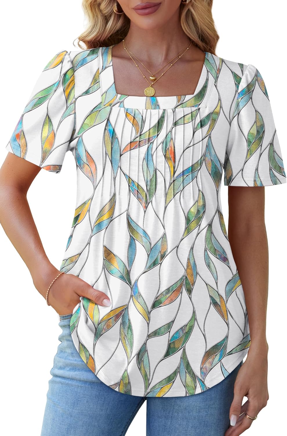 Womens Pleated Square Neck T-Shirts Puff Short Sleeve Casual Summer Tops - Picture 20 of 77
