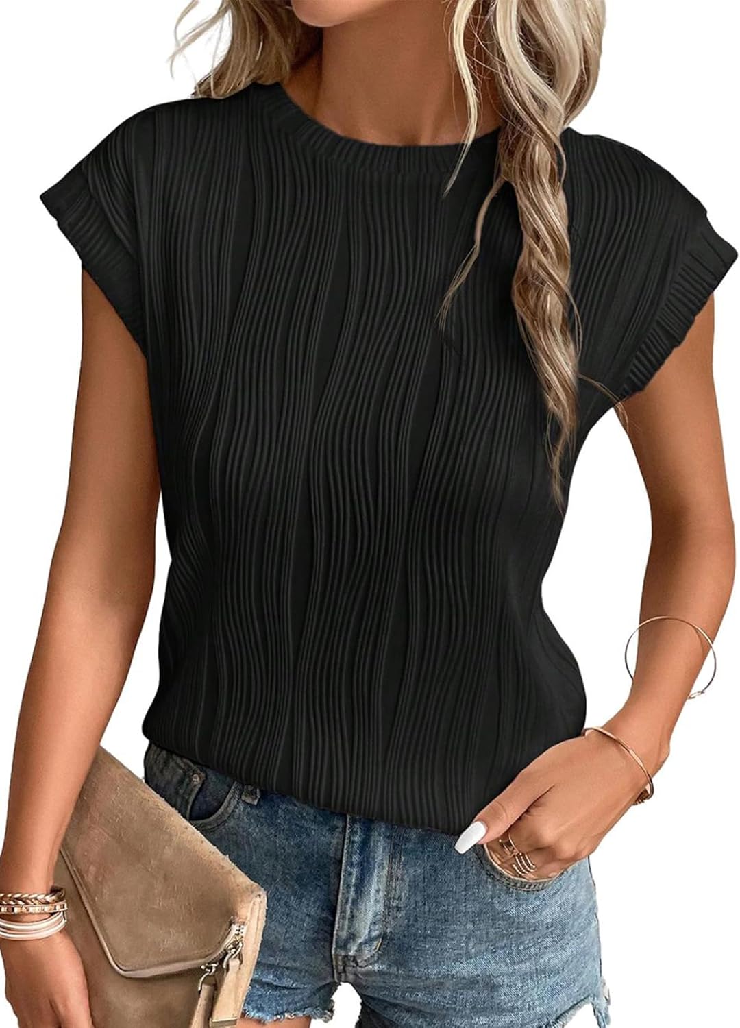 Camisetas básicas informales sueltas lisas tejidas cuello redondo texturizadas de manga corta para mujer - Imagen 25 de 122