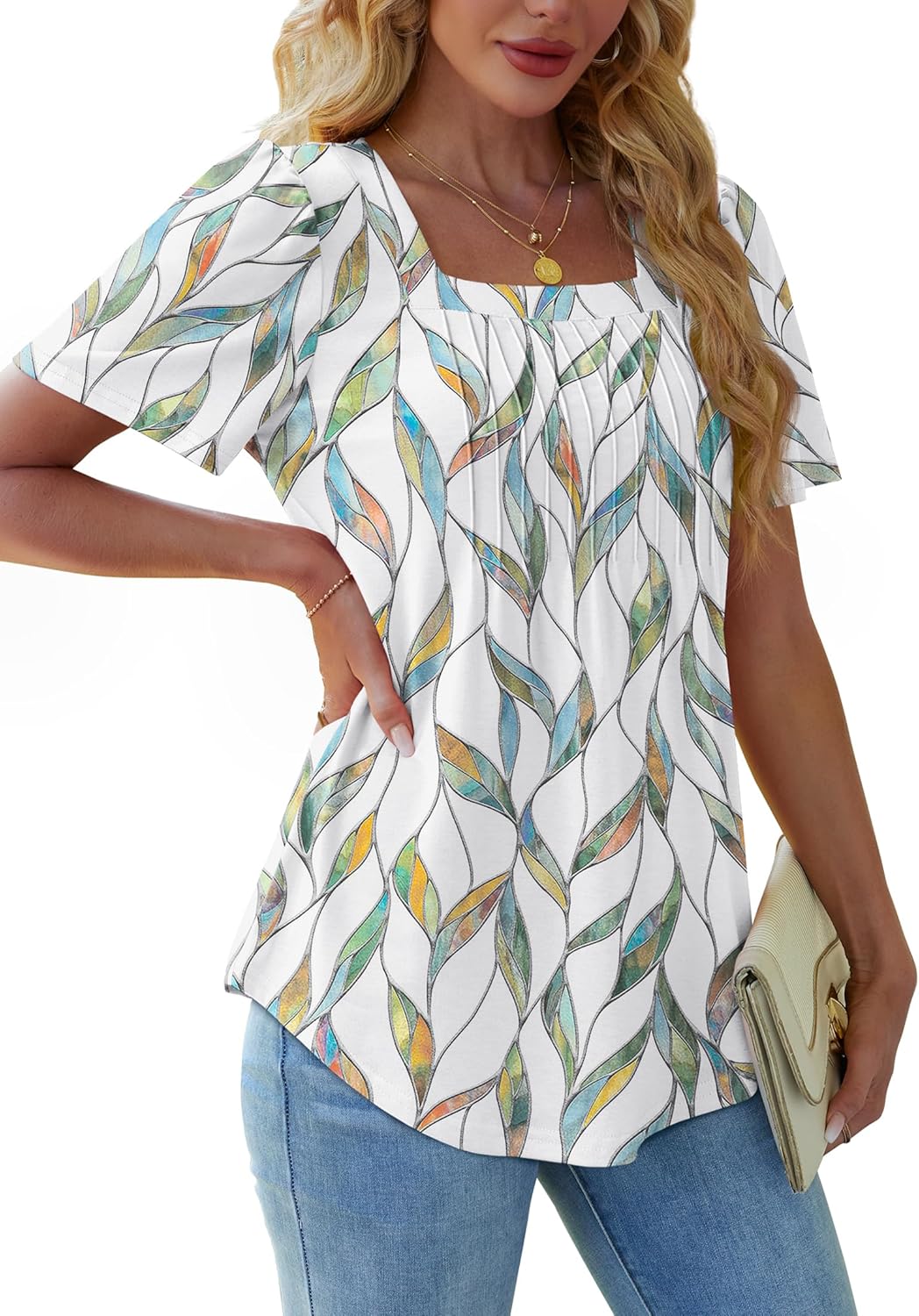 Womens Pleated Square Neck T-Shirts Puff Short Sleeve Casual Summer Tops - Picture 21 of 77