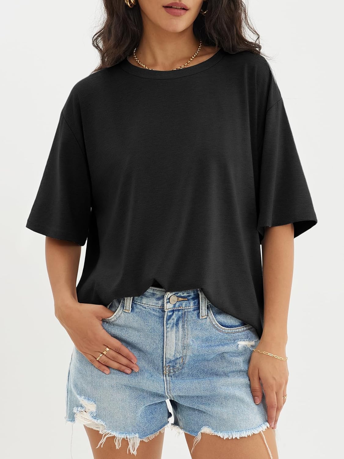 Womens Oversized Crewneck T-Shirts Loose Fit Short Sleeve Casual Tops for Summer - Picture 27 of 153
