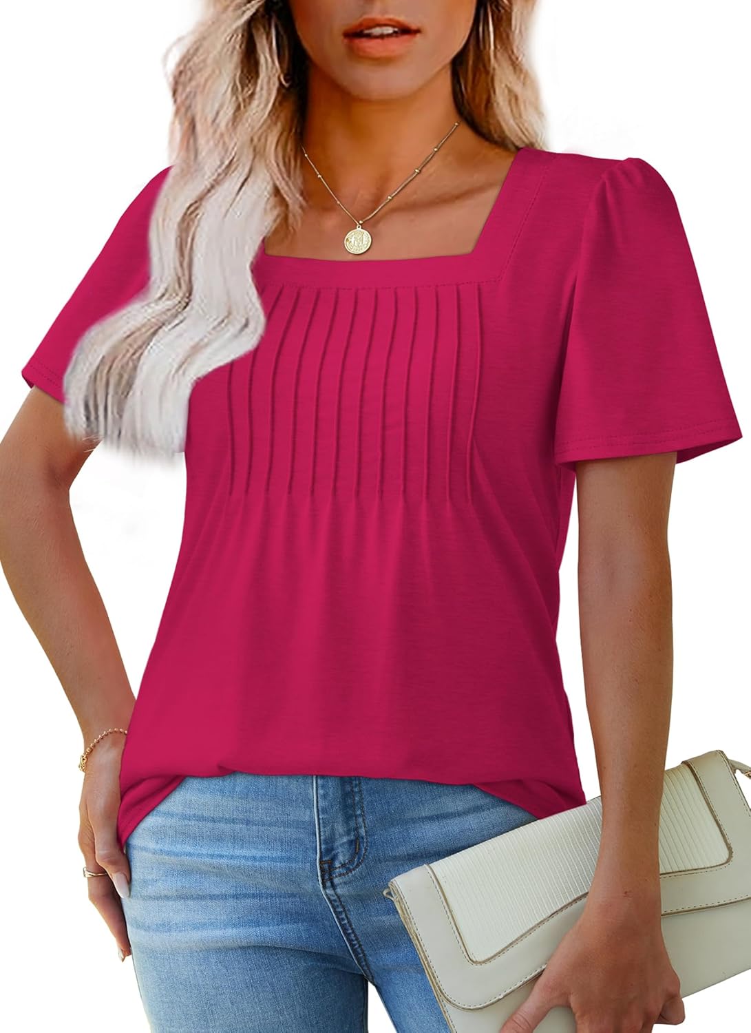 Womens Pleated Square Neck T-Shirts Puff Short Sleeve Casual Summer Tops - Picture 24 of 77