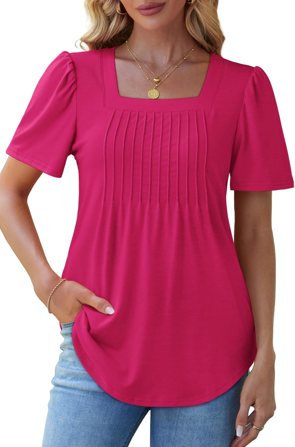 Womens Pleated Square Neck T-Shirts Puff Short Sleeve Casual Summer Tops - Picture 25 of 77