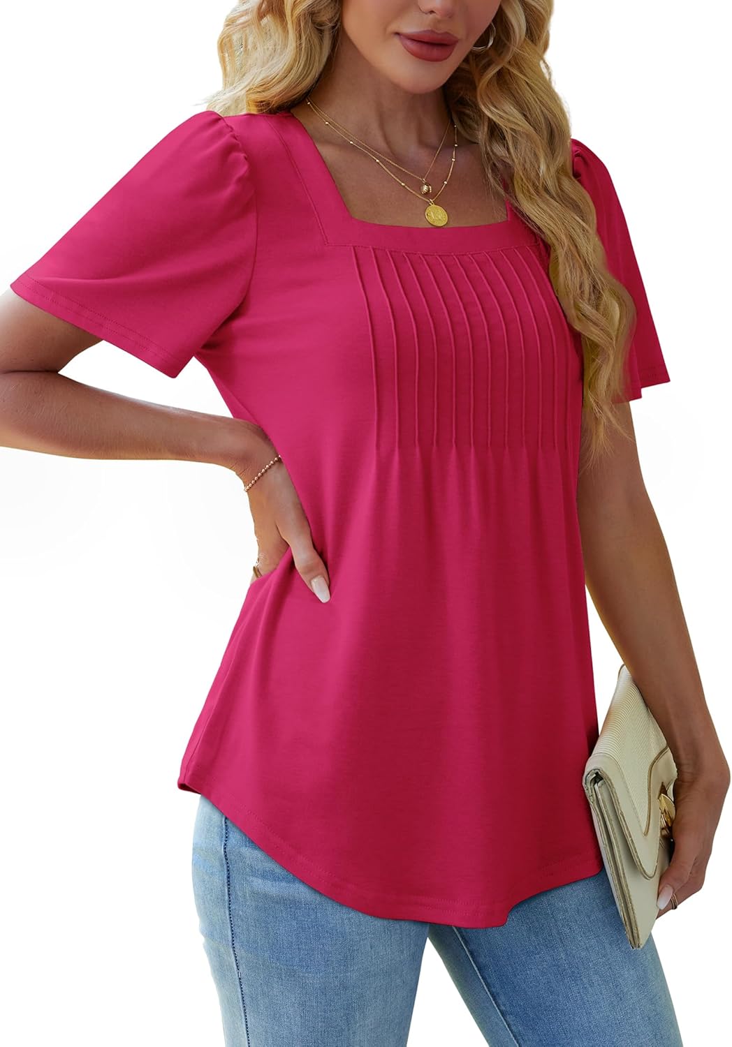 Womens Pleated Square Neck T-Shirts Puff Short Sleeve Casual Summer Tops - Picture 26 of 77