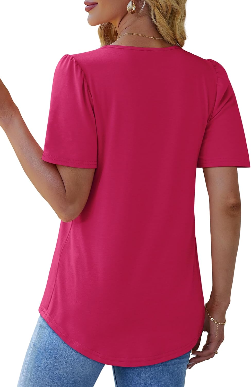 Womens Pleated Square Neck T-Shirts Puff Short Sleeve Casual Summer Tops - Picture 27 of 77