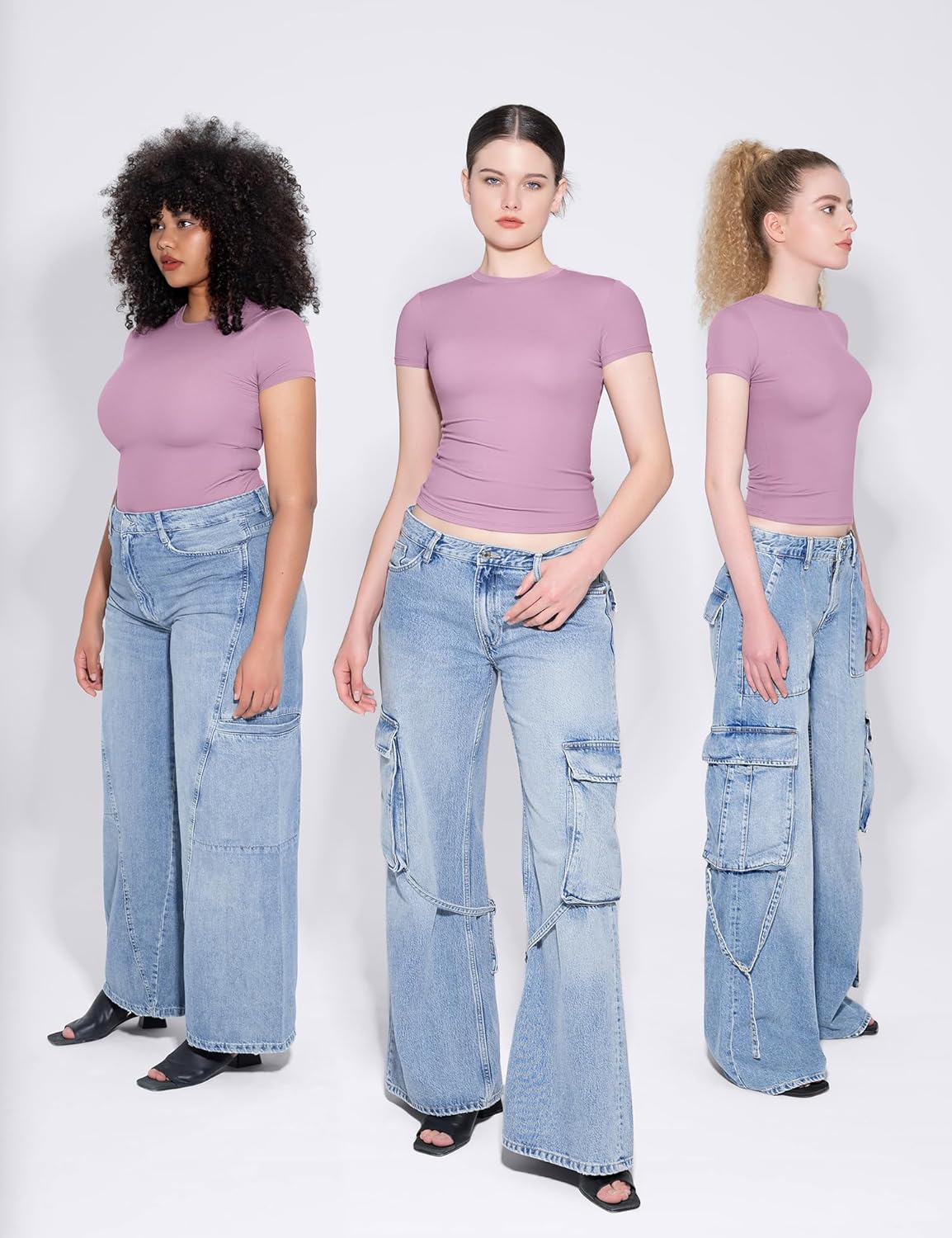 Damen Rundhals Kurzarm Tops doppelt gefüttert Slim Fit T-Shirts Basic T-Shirts - Bild 37 von 89
