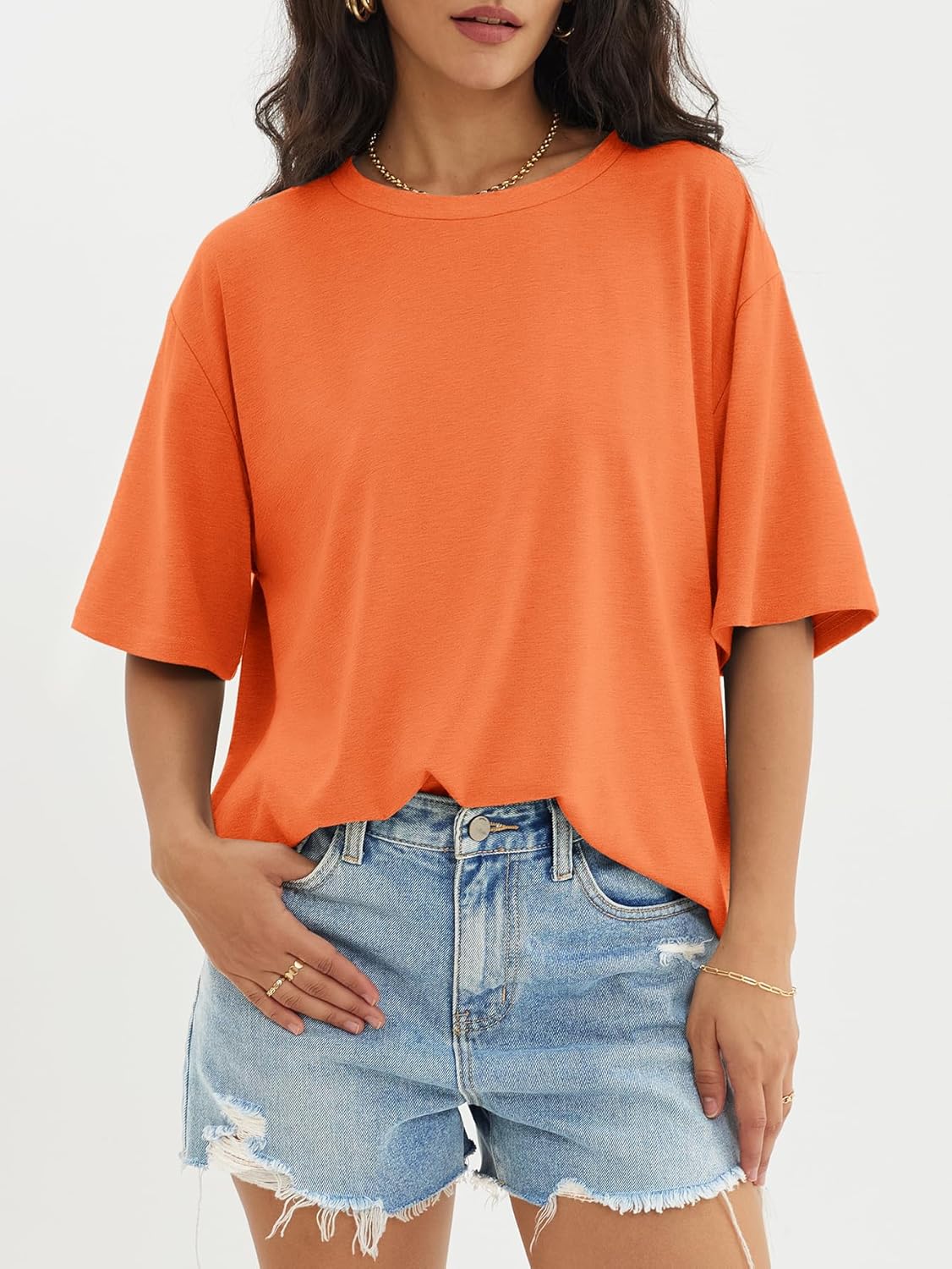 Womens Oversized Crewneck T-Shirts Loose Fit Short Sleeve Casual Tops for Summer - Picture 38 of 153