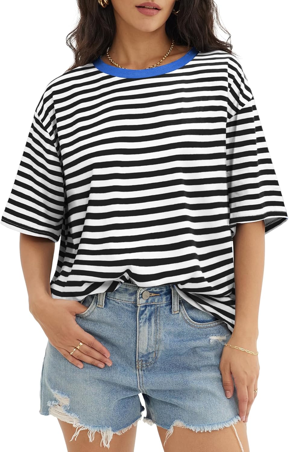 Womens Oversized Crewneck T-Shirts Loose Fit Short Sleeve Casual Tops for Summer - Picture 40 of 153