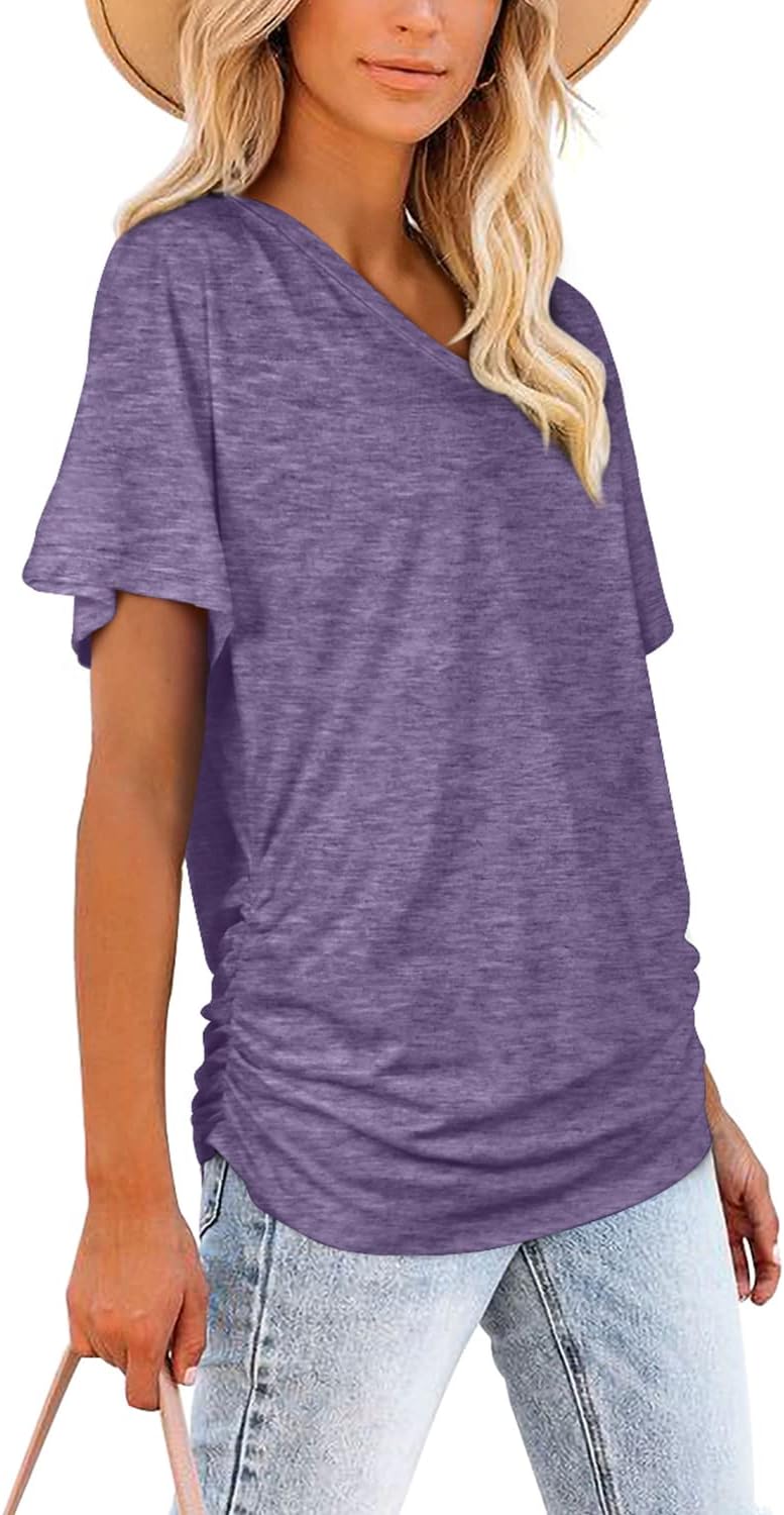Women's Short Sleeve V Neck Dolman Tops with Side Shirring Loose Fit Shirts - Picture 41 of 138