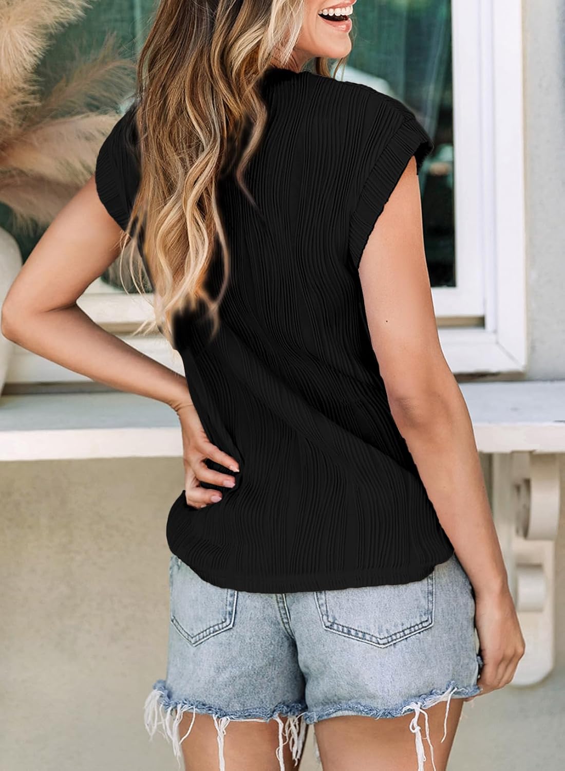 Camisetas básicas informales sueltas lisas tejidas cuello redondo texturizadas de manga corta para mujer - Imagen 27 de 122
