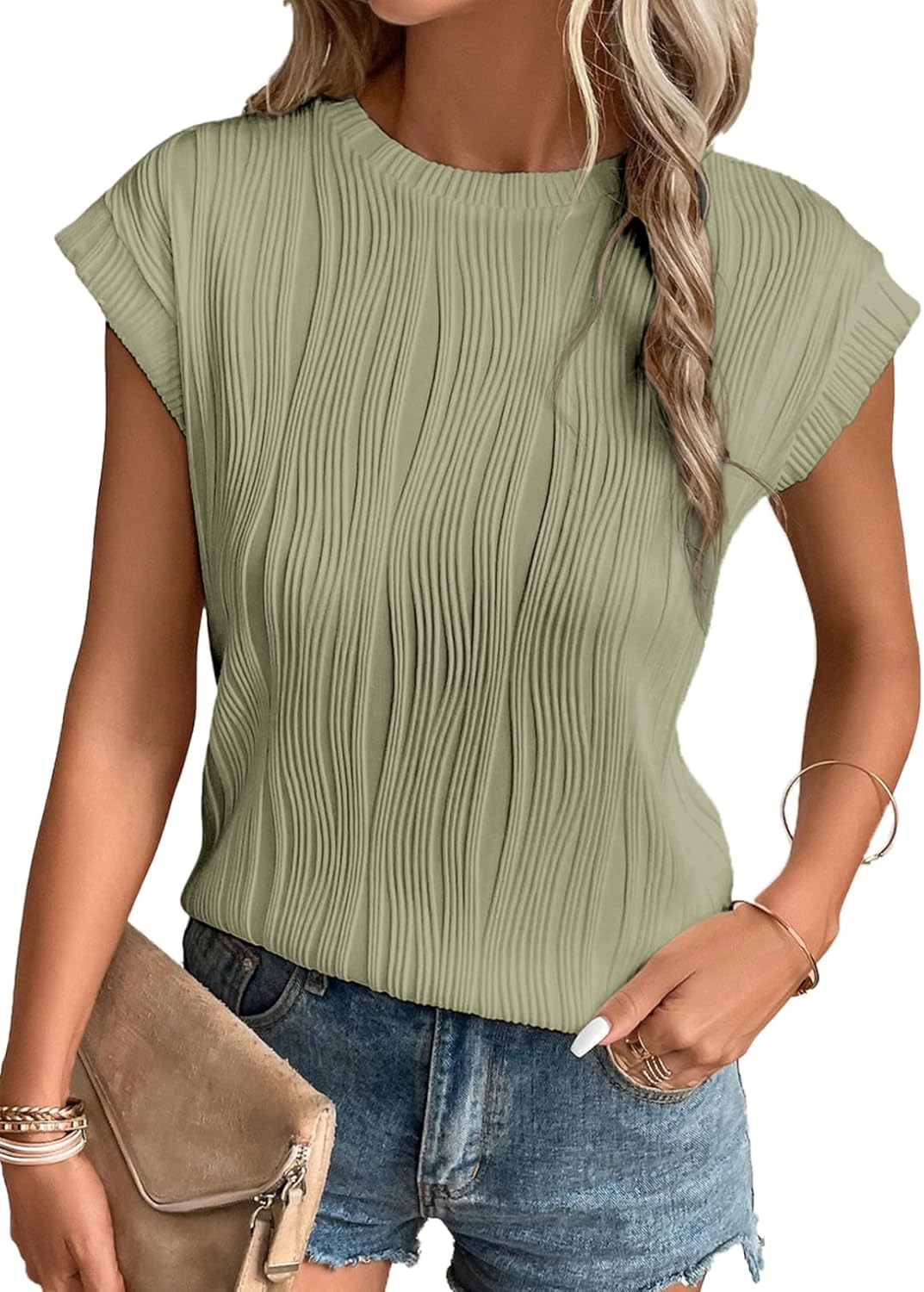 Camisetas básicas informales sueltas lisas tejidas cuello redondo texturizadas de manga corta para mujer - Imagen 29 de 122
