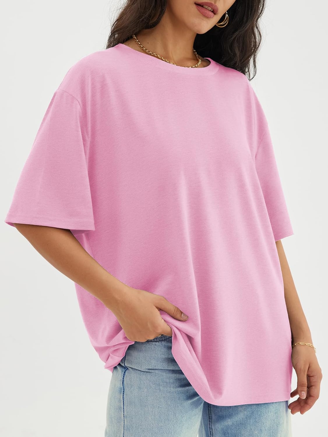 Womens Oversized Crewneck T-Shirts Loose Fit Short Sleeve Casual Tops for Summer - Picture 46 of 153
