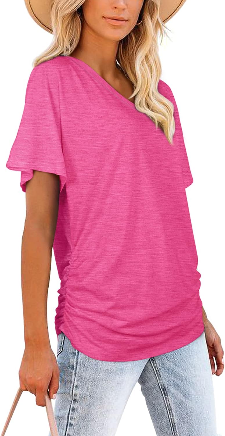 Women's Short Sleeve V Neck Dolman Tops with Side Shirring Loose Fit Shirts - Picture 45 of 138