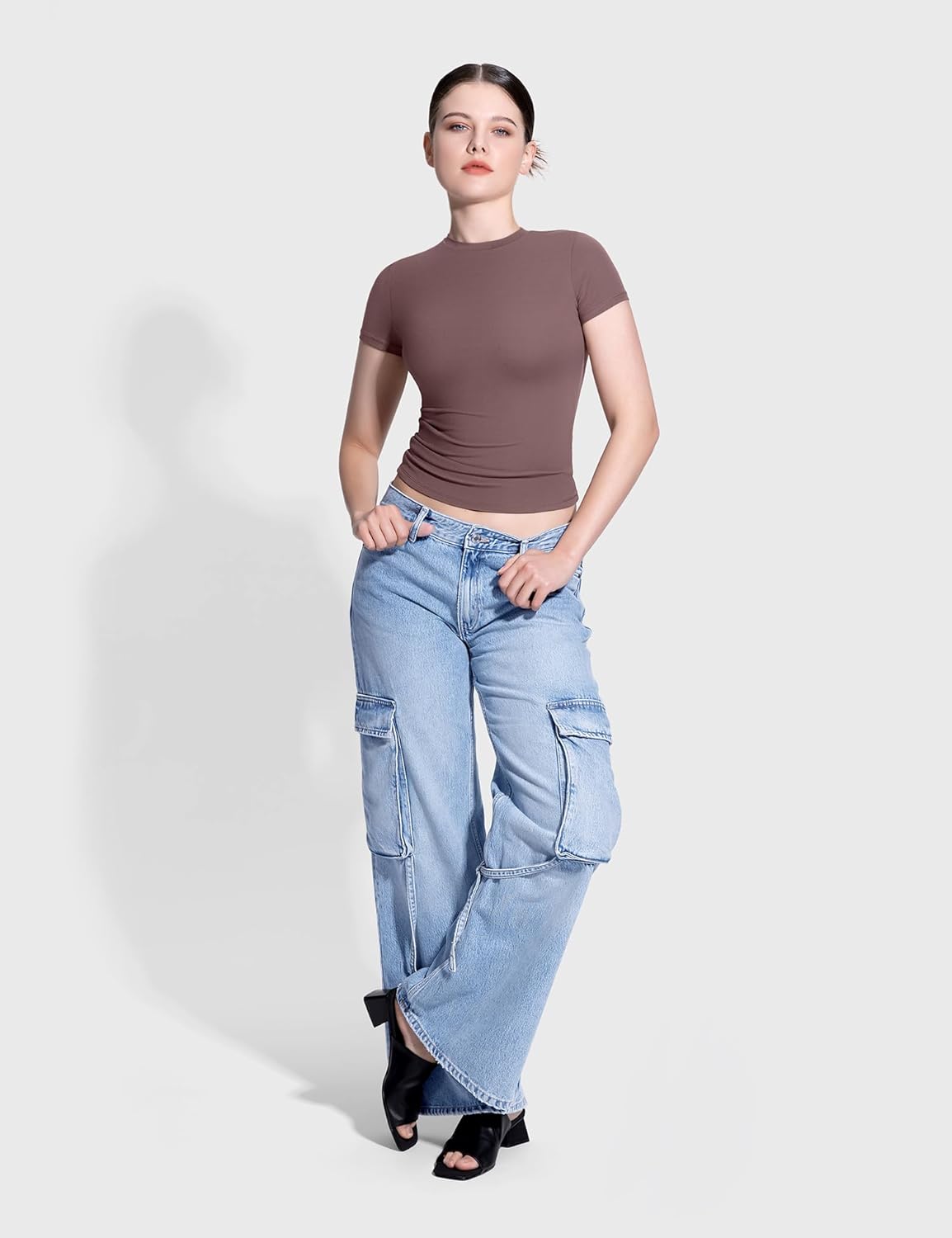 Damen Rundhals Kurzarm Tops doppelt gefüttert Slim Fit T-Shirts Basic T-Shirts - Bild 48 von 89