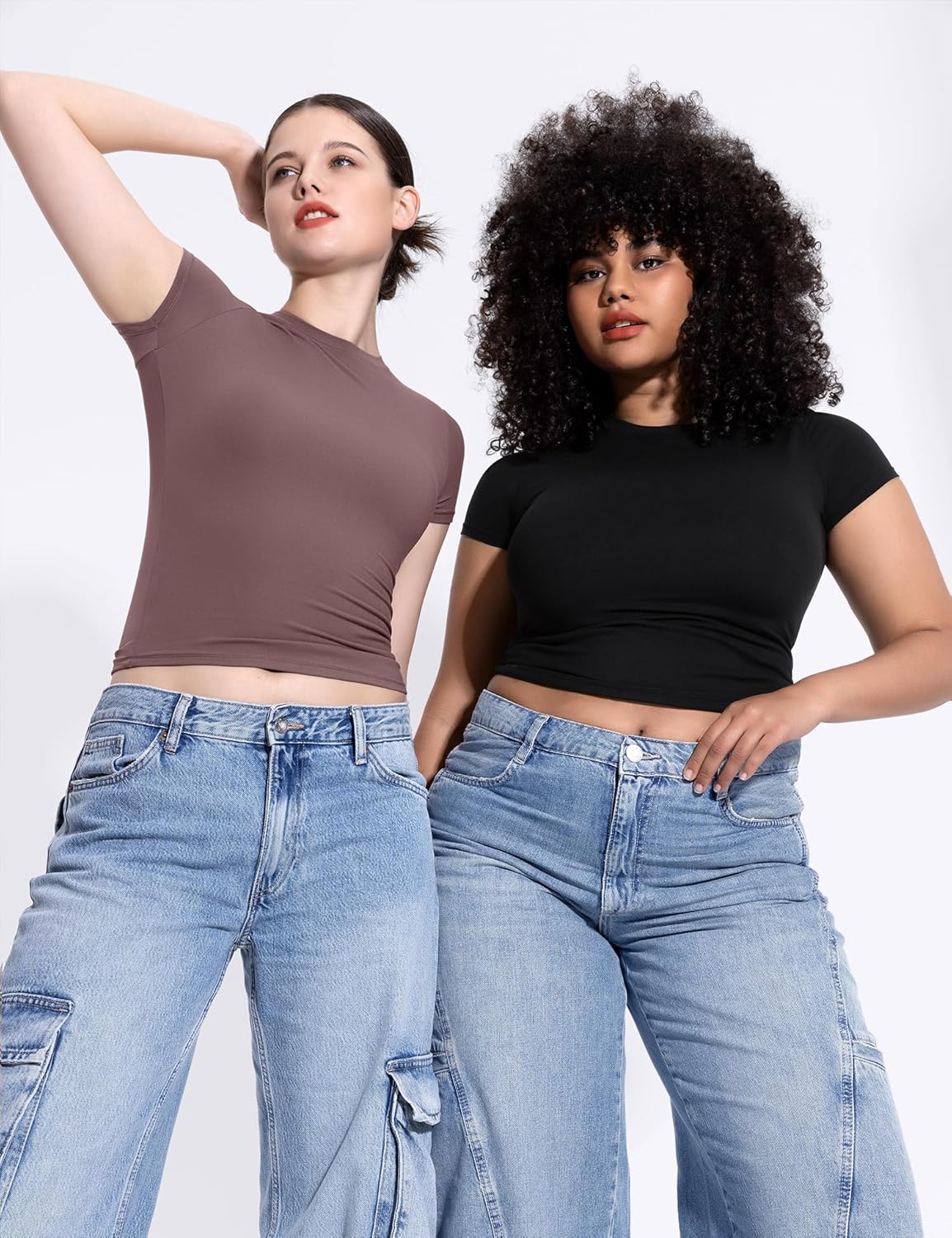 Damen Rundhals Kurzarm Tops doppelt gefüttert Slim Fit T-Shirts Basic T-Shirts - Bild 49 von 89
