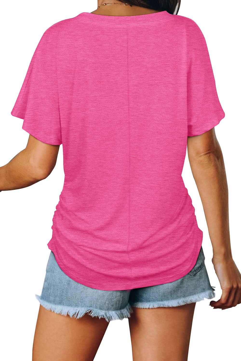 Women's Short Sleeve V Neck Dolman Tops with Side Shirring Loose Fit Shirts - Picture 46 of 138